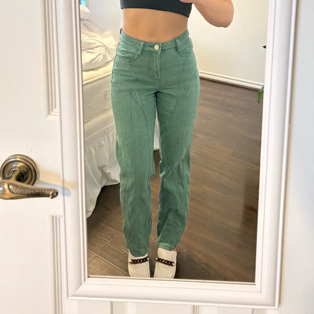 High-Rise Green Paneled Women's Jeans